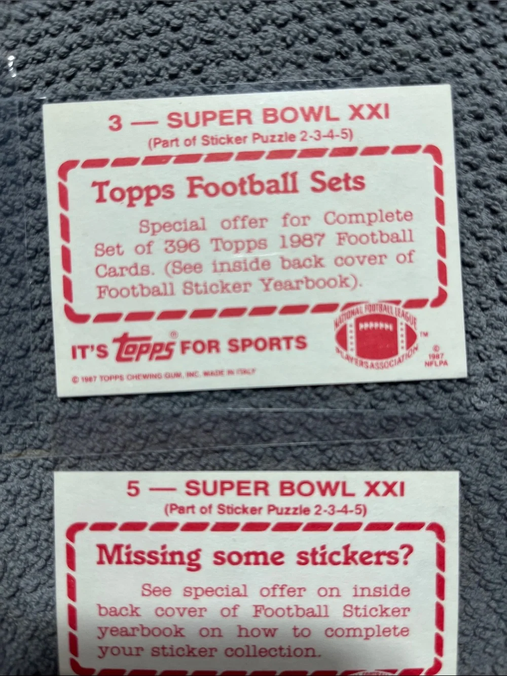 1987 4 Topps stickers (#2-3-4-5) celebrating Super Bowl XXI (Phil Simms, Oates,
